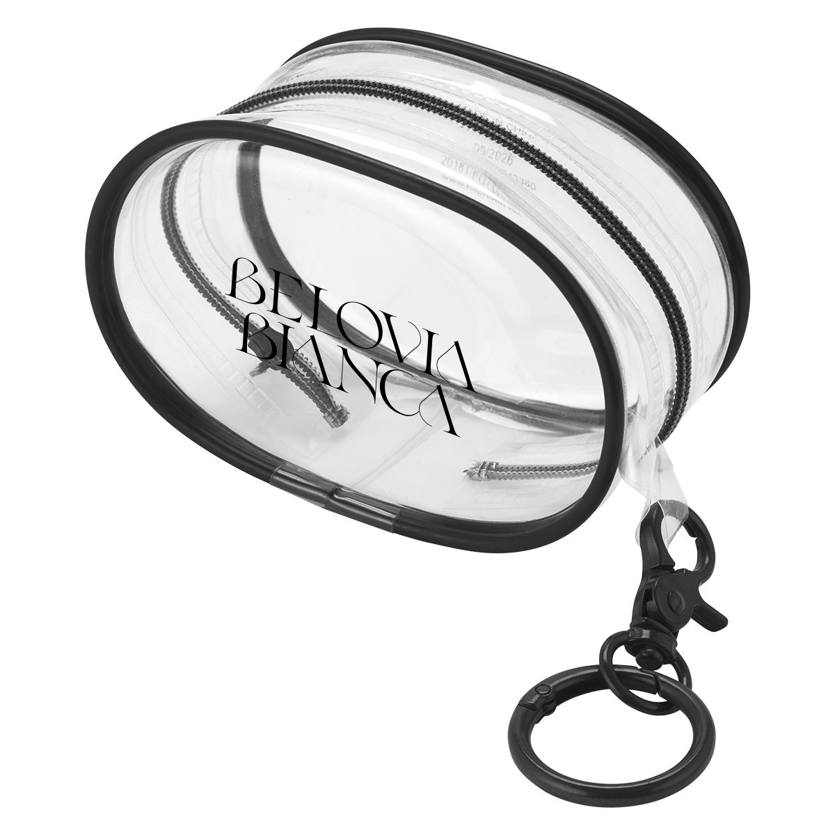 Clear EVA mini pouch bag charm with black accents, zippered main compartment, round carabiner, and swivel lobster claw attachment for carrying small essentials.