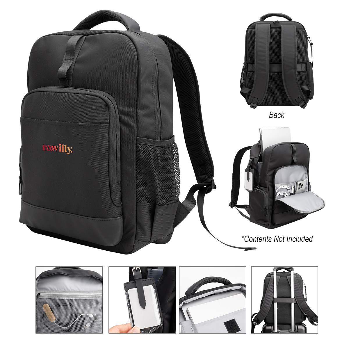 Deluxe Executive Active rPET Laptop Backpack in black recycled polyester and nylon with multiple zippered compartments, padded laptop and tablet storage, adjustable shoulder straps, side bottle pocket, and trolley strap for organized everyday travel.