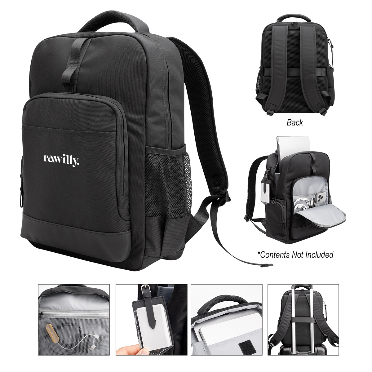 Deluxe Executive Active rPET Laptop Backpack in black recycled polyester and nylon with multiple zippered compartments, padded laptop and tablet storage, adjustable shoulder straps, side bottle pocket, and trolley strap for organized everyday travel.