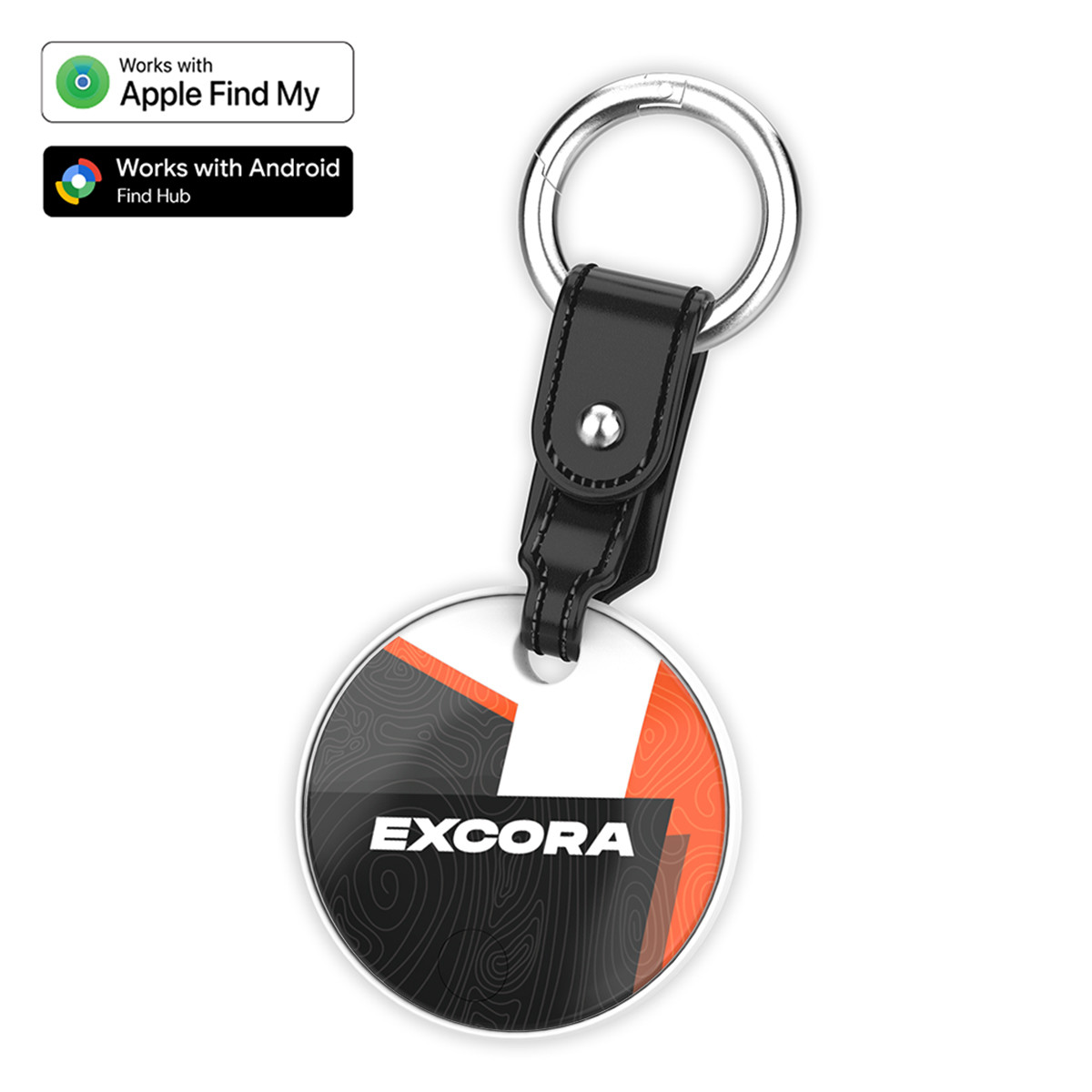 Black Bluetooth tracking tag with vegan leather strap and round metal carabiner for locating keys, bags, and other personal items.