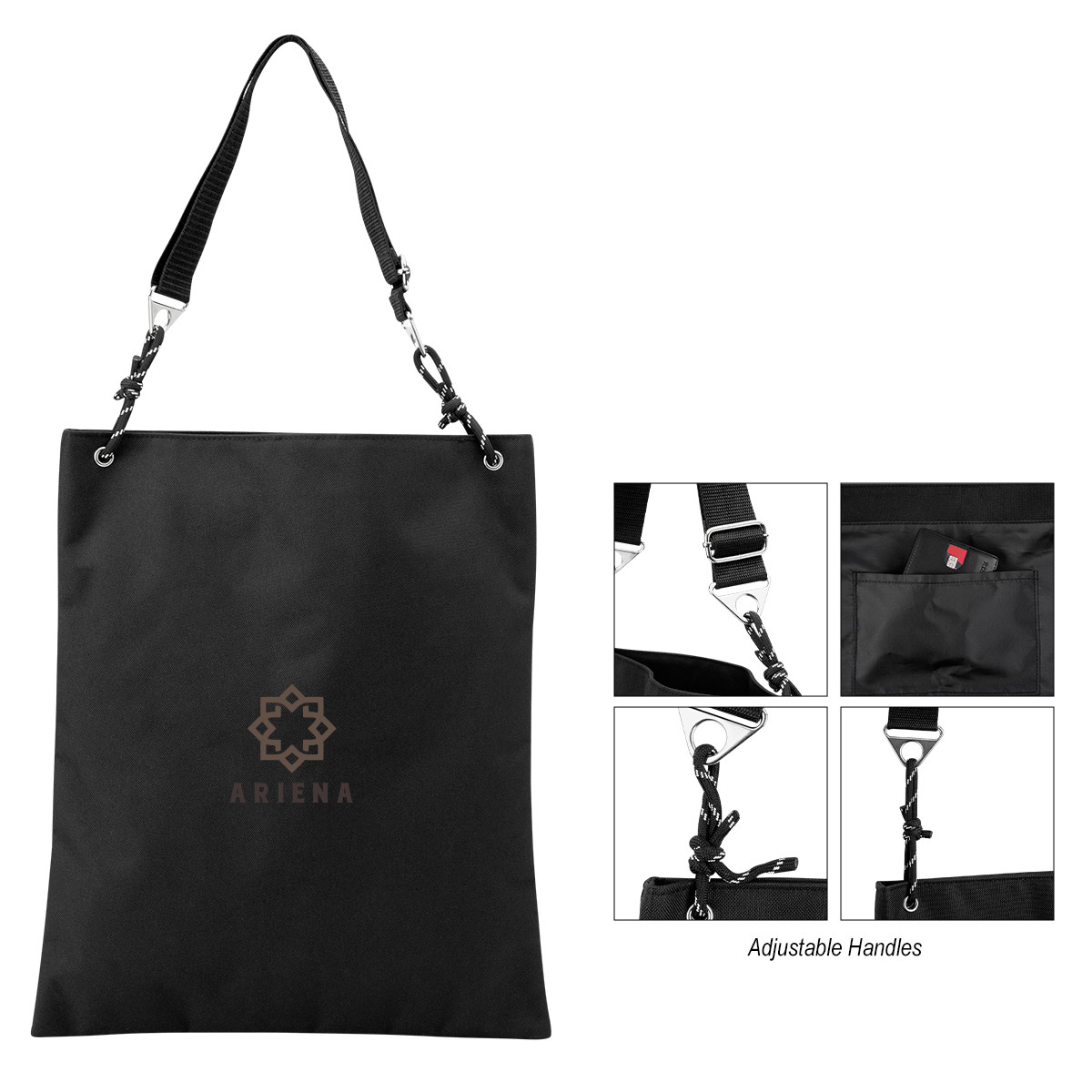 Black Hadley rPET Tote Bag in durable recycled polyester with an open main compartment, adjustable shoulder strap, and interior slip pocket for carrying everyday essentials.