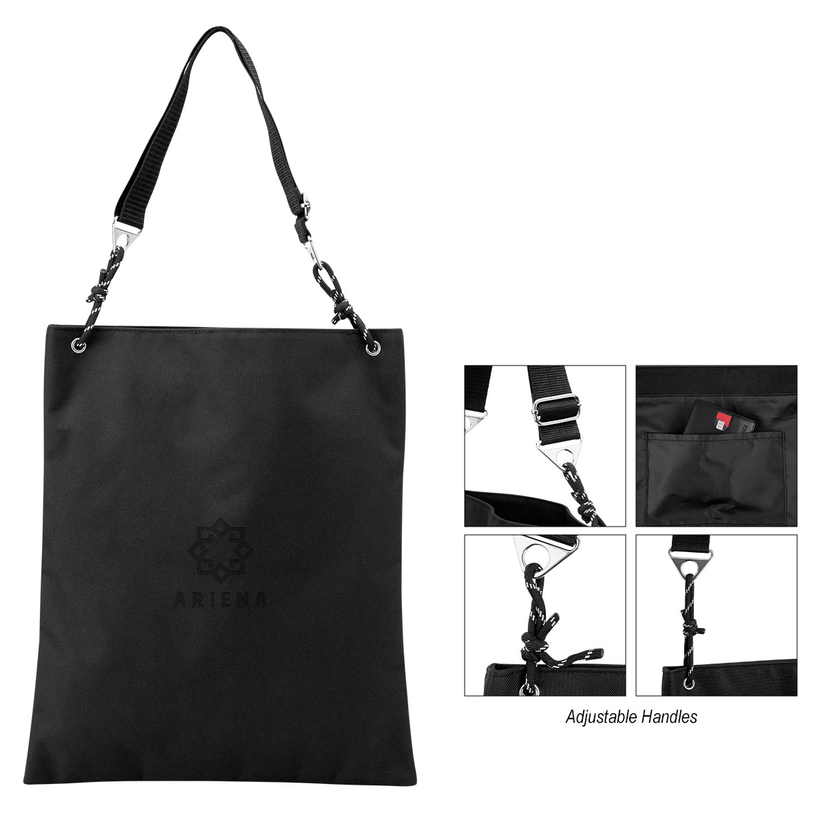 Black Hadley rPET Tote Bag in durable recycled polyester with an open main compartment, adjustable shoulder strap, and interior slip pocket for carrying everyday essentials.