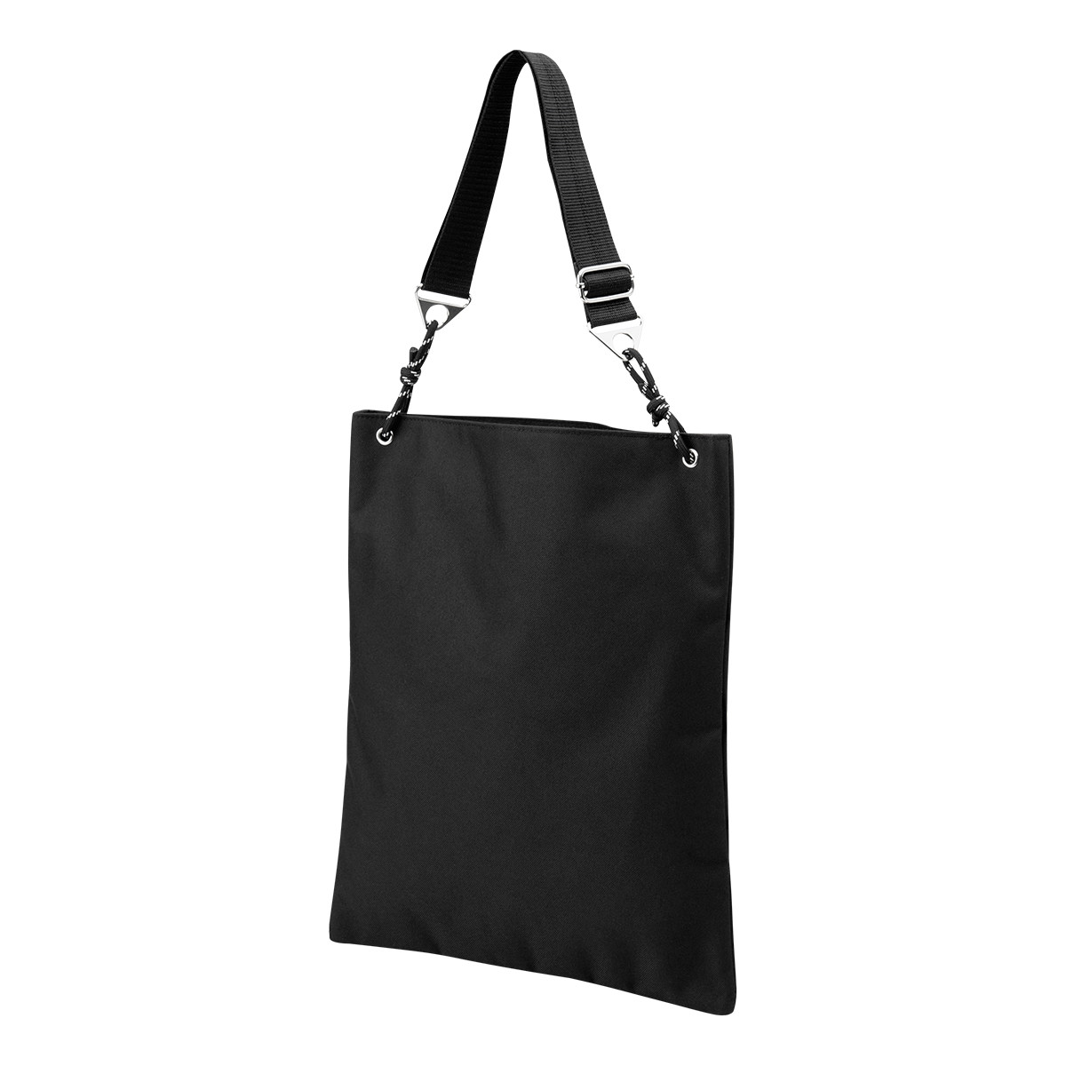 Black Hadley rPET Tote Bag in durable recycled polyester with an open main compartment, adjustable shoulder strap, and interior slip pocket for carrying everyday essentials.