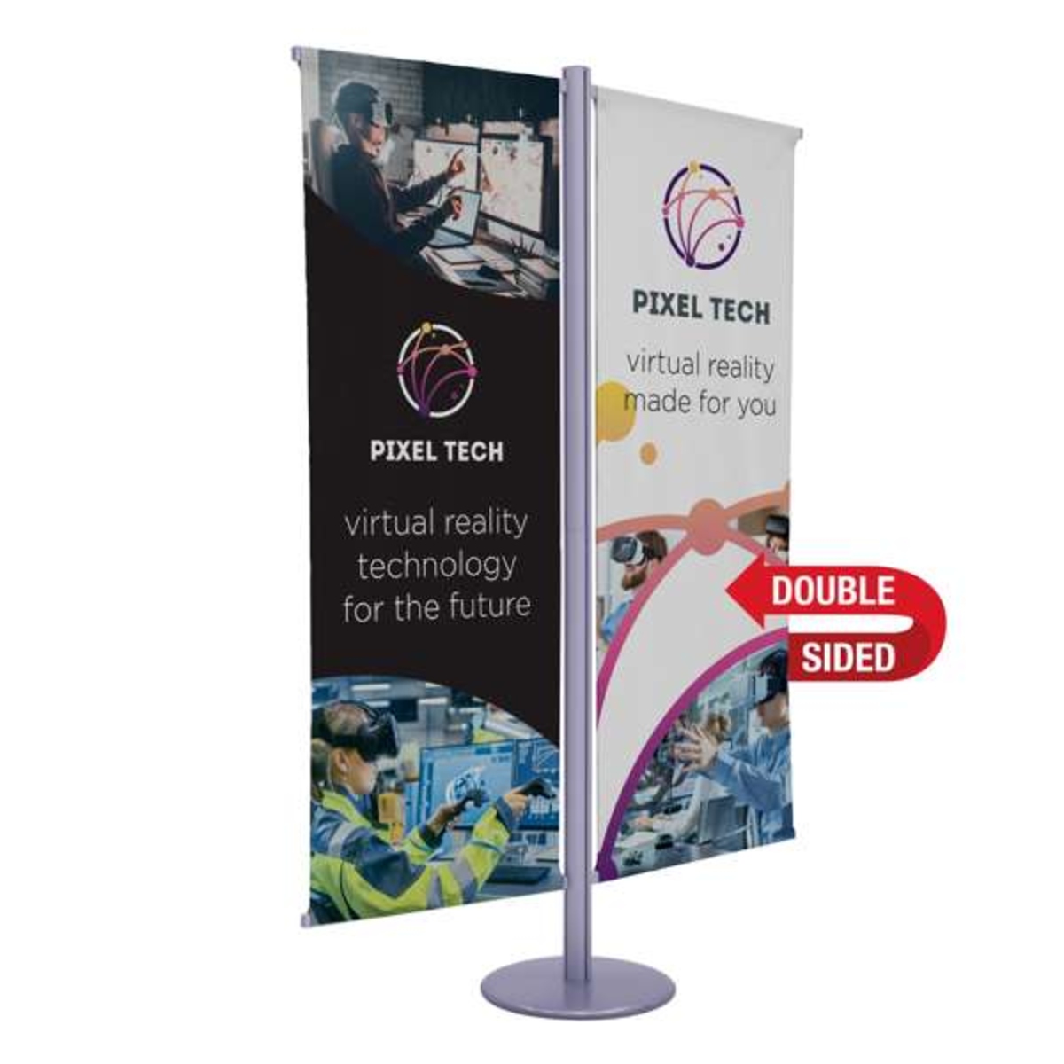 Customizable display with a sturdy steel base, aluminum center post, and two double-sided recycled polyester banners.