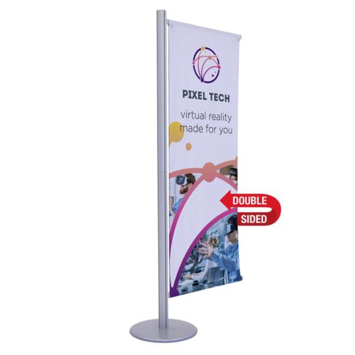 Customizable display with a weighted steel base, aluminum center post, adjustable banner rails, and double-sided recycled polyester banners.