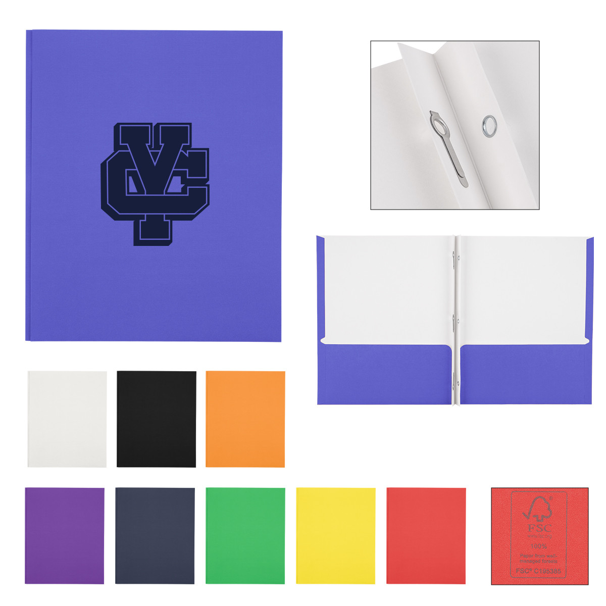 FSC® Paper Folder in a natural paper color, featuring three metal prong holders and two interior slip pockets for organizing and securing documents, made with FSC® certified paper for eco-conscious promotional use.