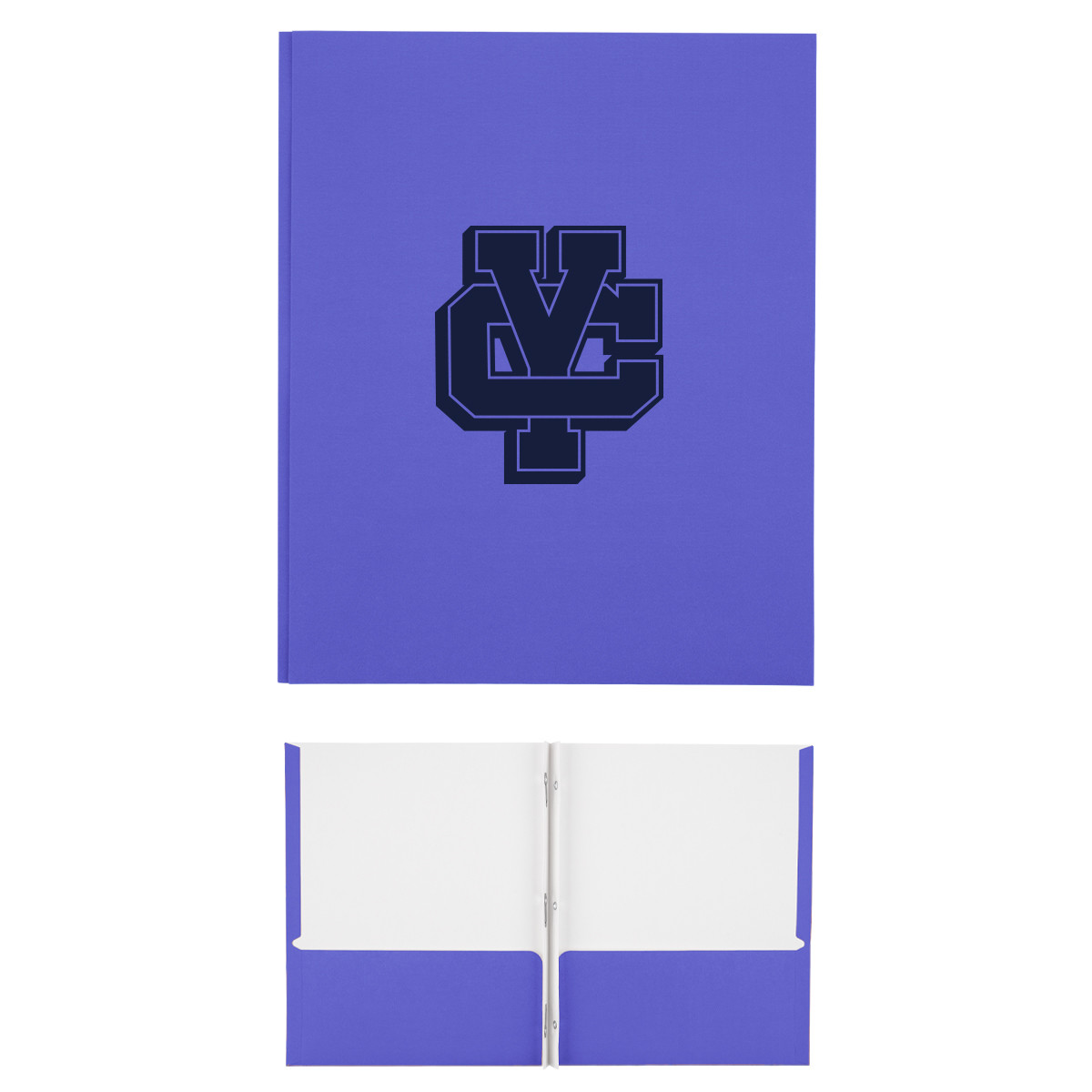 Royal Blue FSC® Paper Folder in a natural paper color, featuring three metal prong holders and two interior slip pockets for organizing and securing documents, made with FSC® certified paper for eco-conscious promotional use.