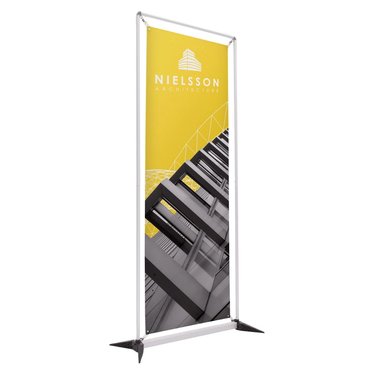 Silver Lightweight banner display with fold-out feet, tension springs, and no-curl opaque fabric graphics.