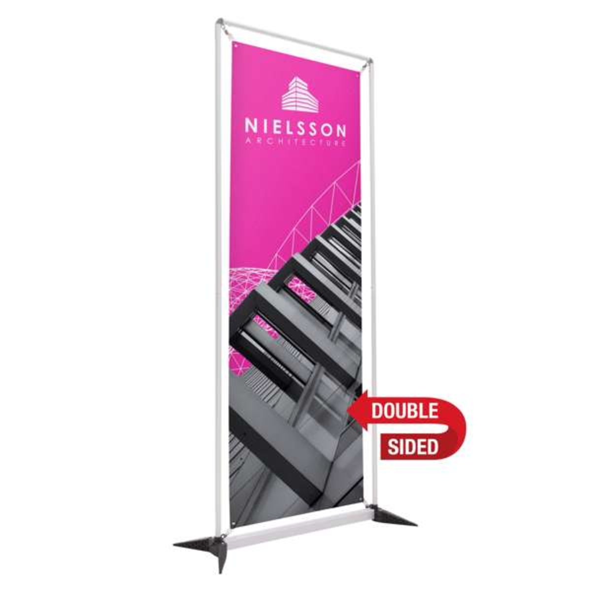 Lightweight double-sided banner display with fold-out feet, tension springs, and 13 oz. smooth scrim vinyl graphics.