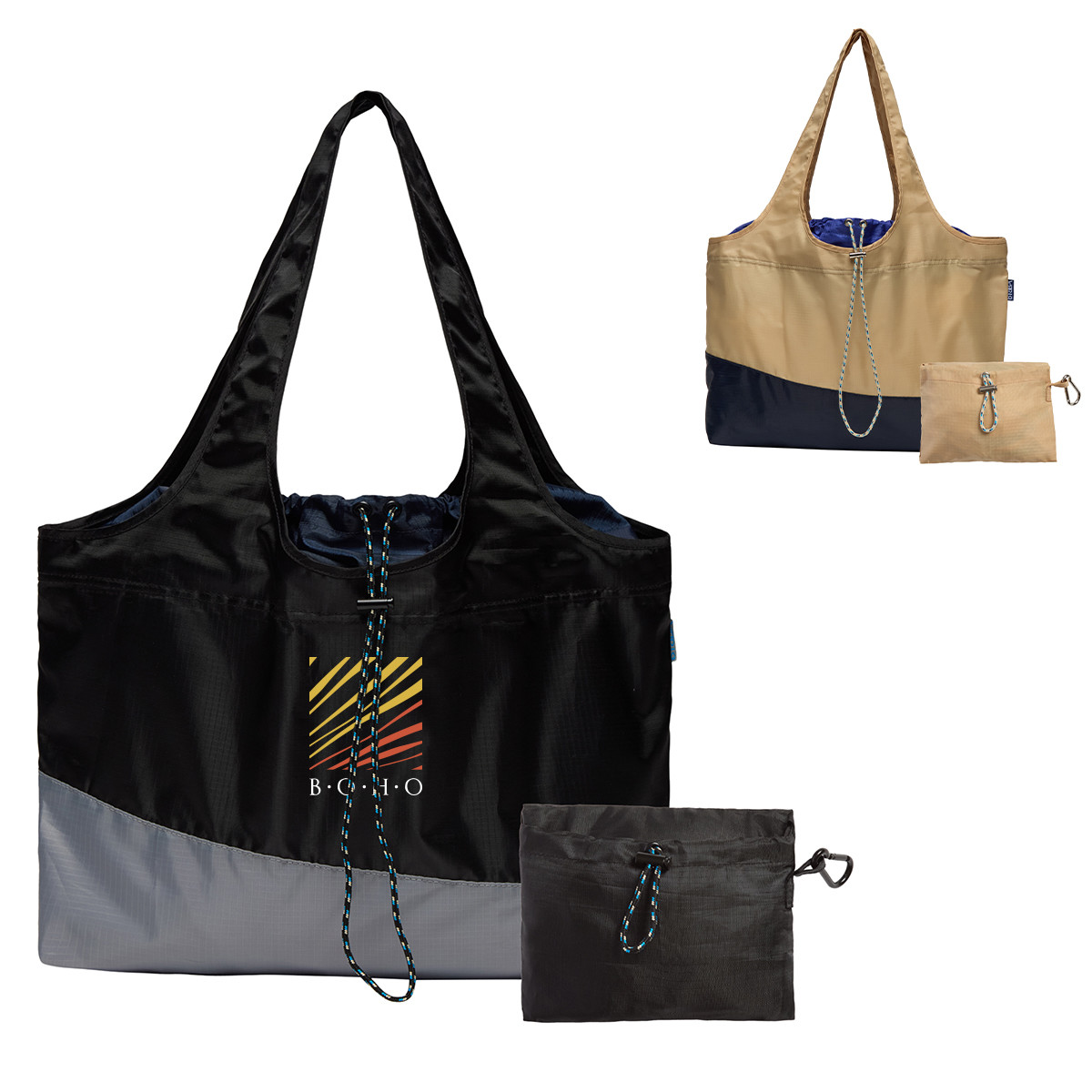 Black and gray recycled ripstop nylon packable tote bag with a water-resistant finish, drawstring closure, attached pouch, carabiner attachment, and lightweight design.