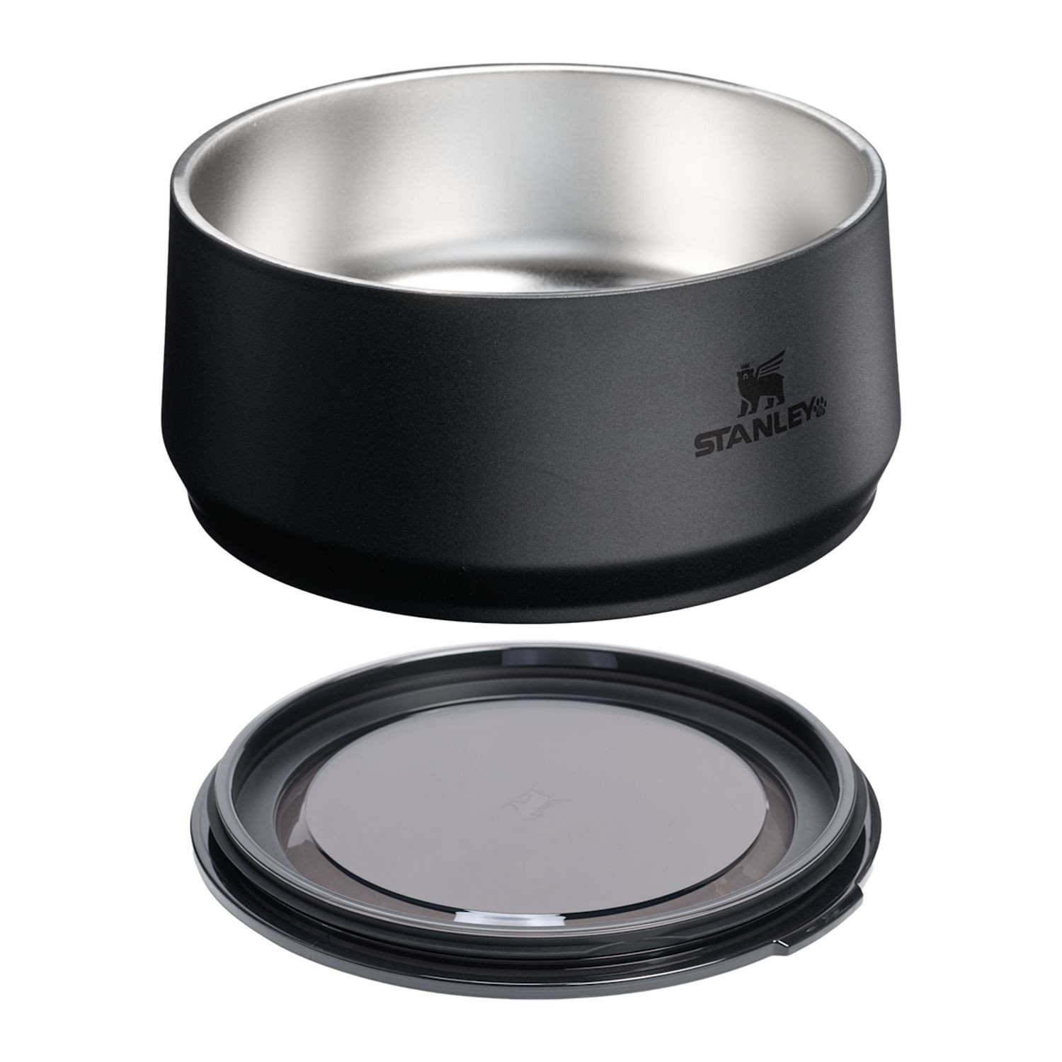 Black Stanley 24 oz pet bowl made from 18/8 recycled stainless steel with double-wall insulation, tapered design, splash-resistant lid, and non-slip feeding base.