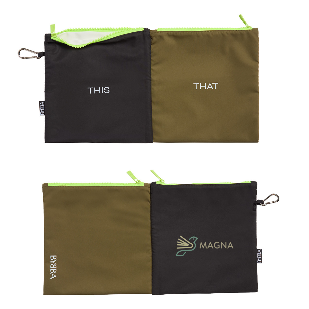 This/That BYBBA magnetic zipper pouch made from recycled polyester with separate wet and dry compartments, water-resistant construction, hidden magnetic closures, and carabiner attachment.