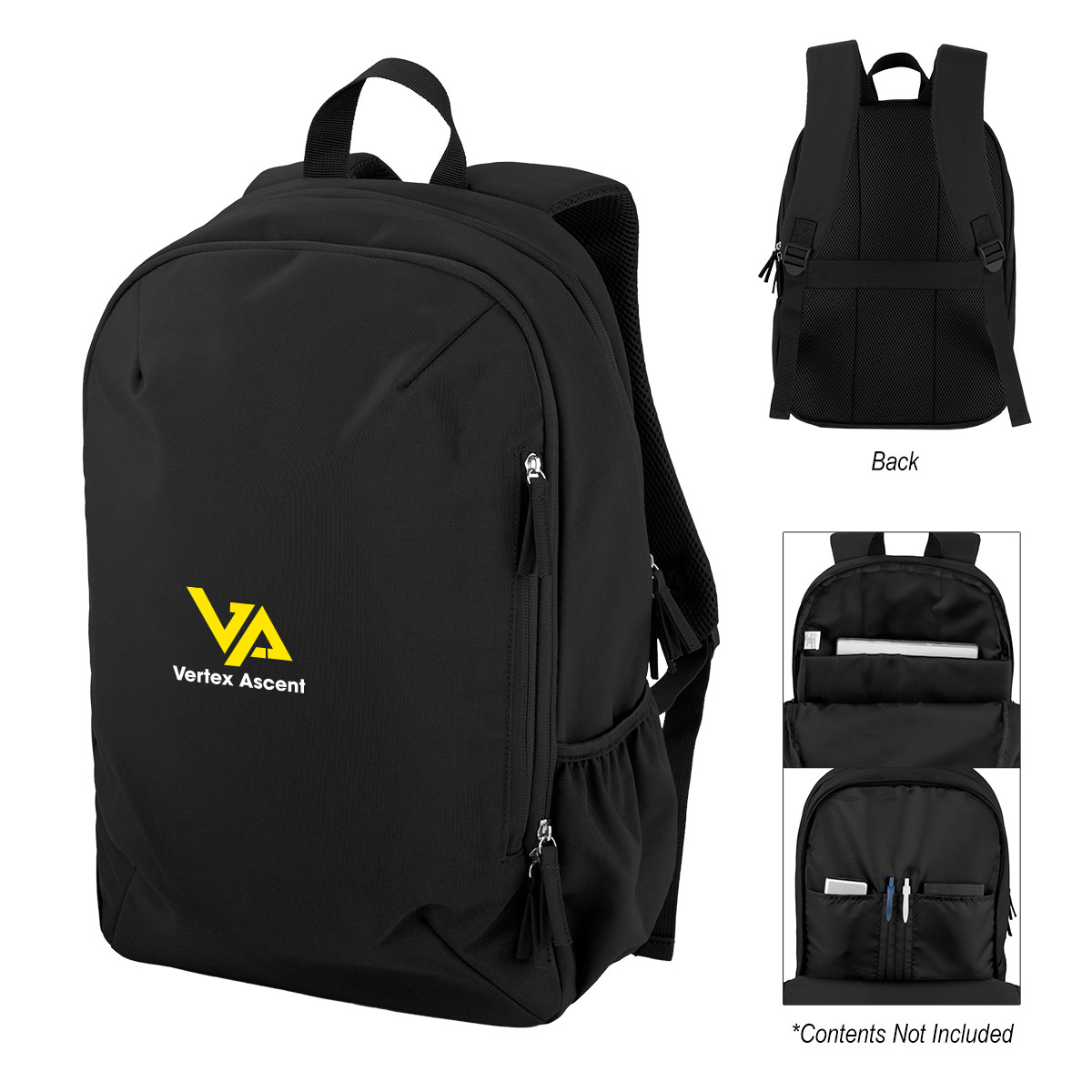 Black Transit rPET Backpack in recycled polyester with a structured black design, double-zippered main compartment, padded laptop sleeve, front zippered pocket, elastic mesh side pocket, and adjustable padded shoulder straps for everyday work, commuting, and travel.