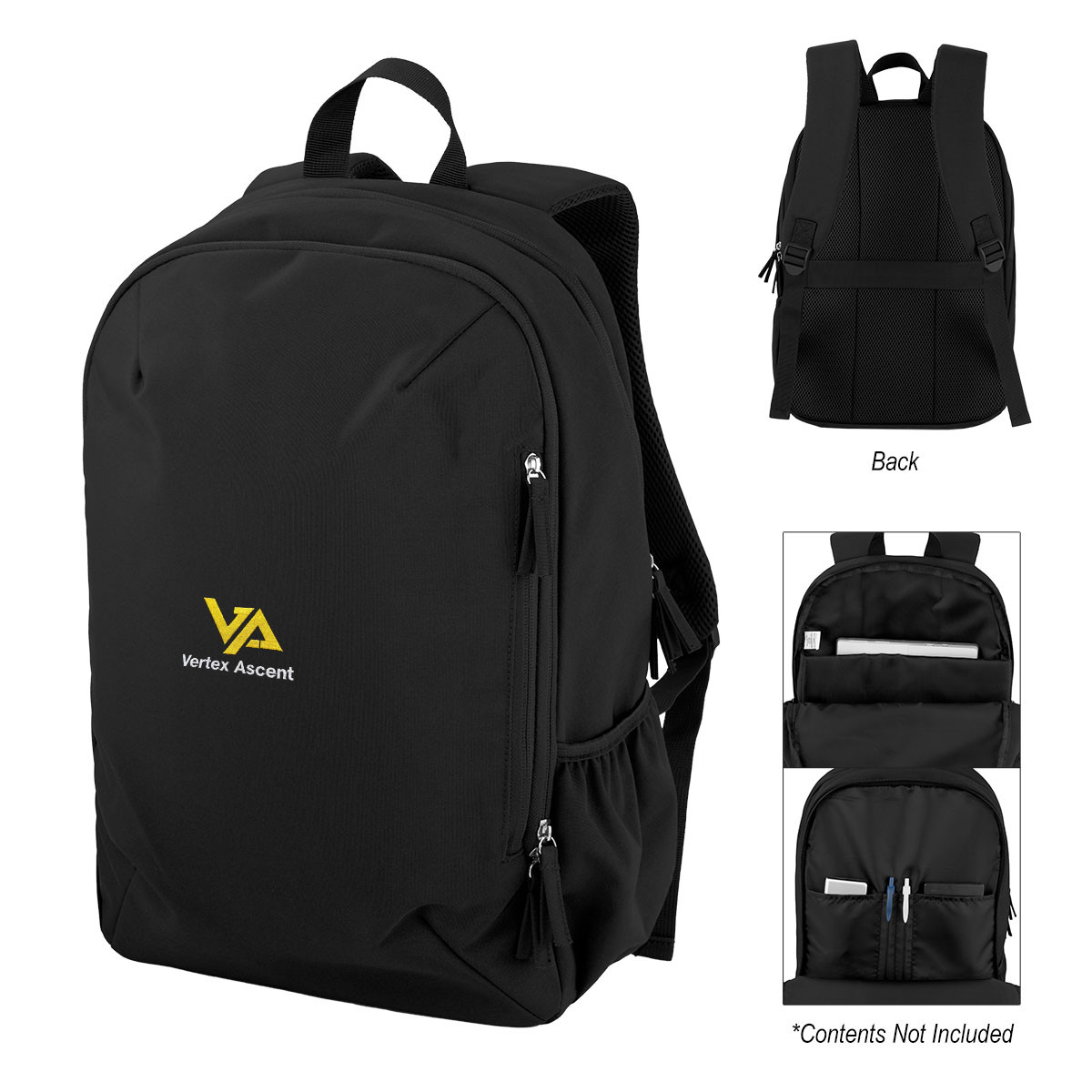 Black Transit rPET Backpack in recycled polyester with a structured black design, double-zippered main compartment, padded laptop sleeve, front zippered pocket, elastic mesh side pocket, and adjustable padded shoulder straps for everyday work, commuting, and travel.