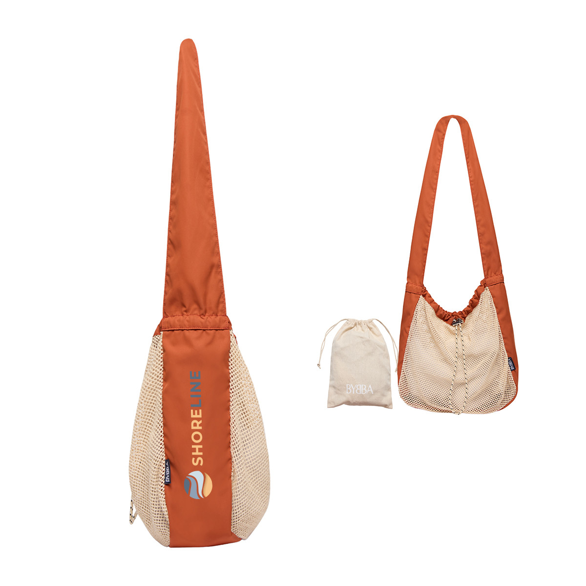 Rust recycled cotton and ocean plastic crossbody bag with a drawstring closure, interior slip pockets, non-slip shoulder strap, and lightweight water-resistant construction.