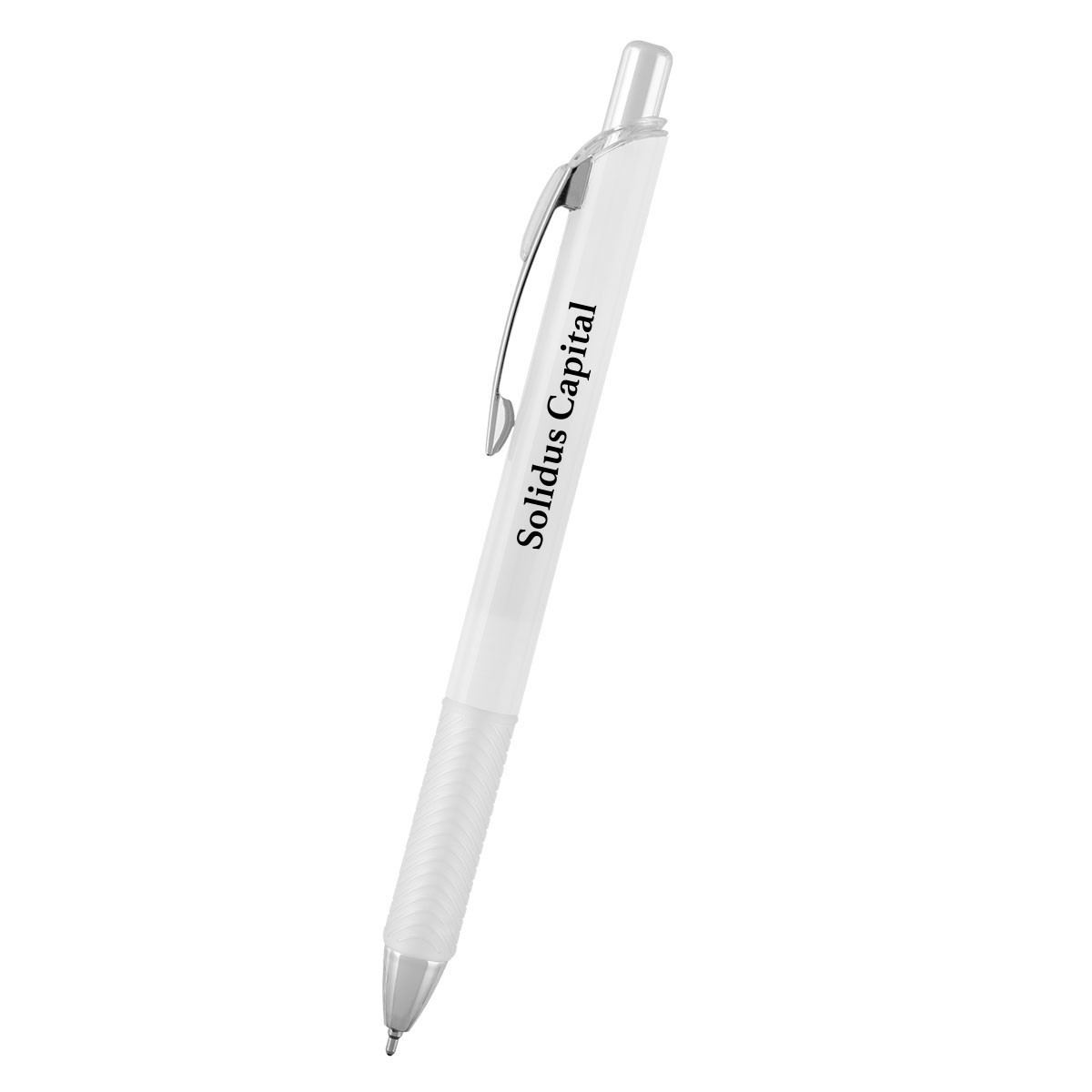 Frosted purple recycled ABS ballpoint pen with plunger action, low-viscosity black ink, and a comfortable rubber grip.