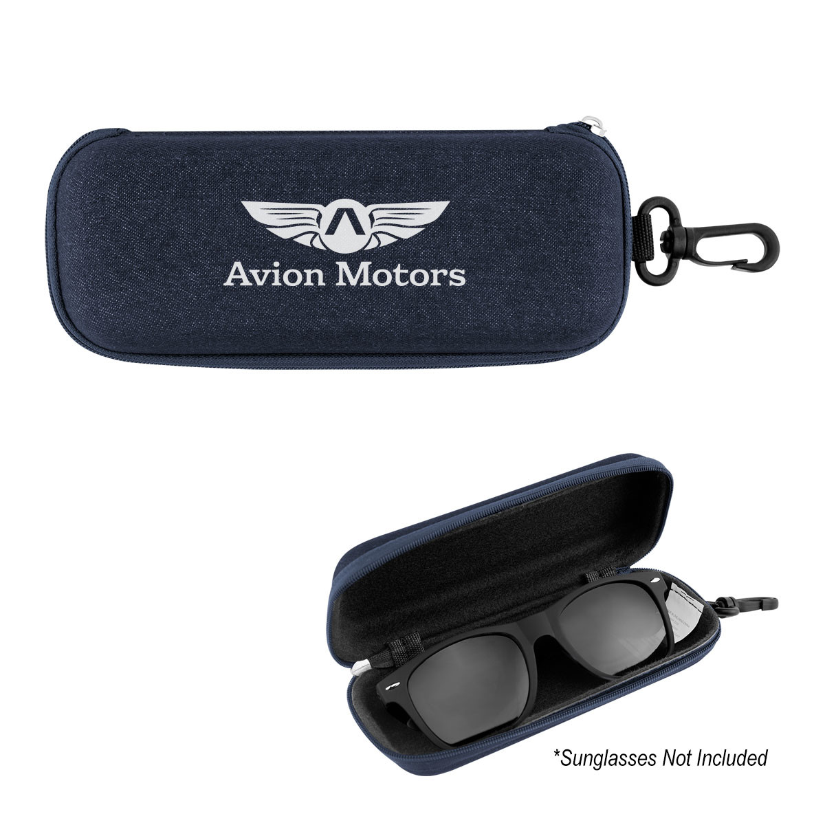 Heathered Navy Sunglasses Case made of durable EVA material with rPET fabric, featuring a zippered compartment and carabiner attachment for securely storing and conveniently carrying eyewear.