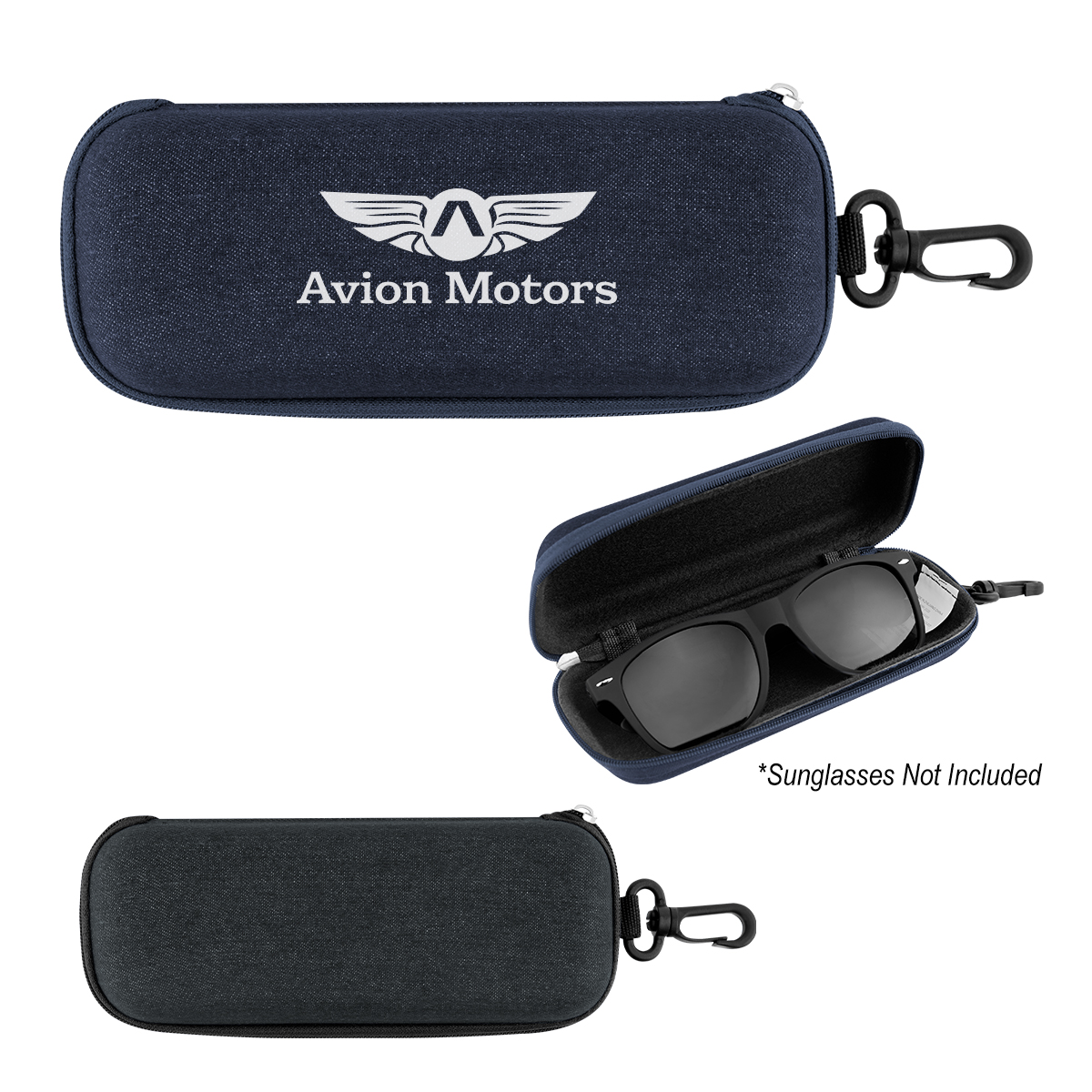 Sunglasses Case made of durable EVA material with rPET fabric, featuring a zippered compartment and carabiner attachment for securely storing and conveniently carrying eyewear.