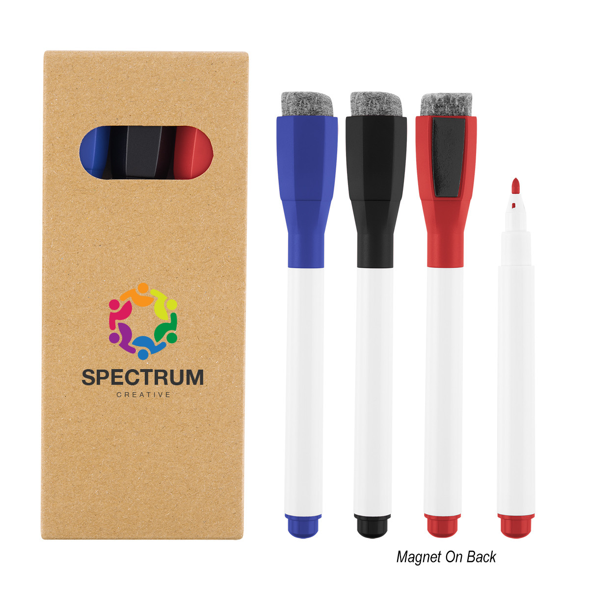 Natural 3 Piece Dry Erase Marker Set with fine-tip black, blue, and red markers, each featuring a felt eraser on the cap and a magnetic back for convenient storage on dry erase boards and other magnetic surfaces.