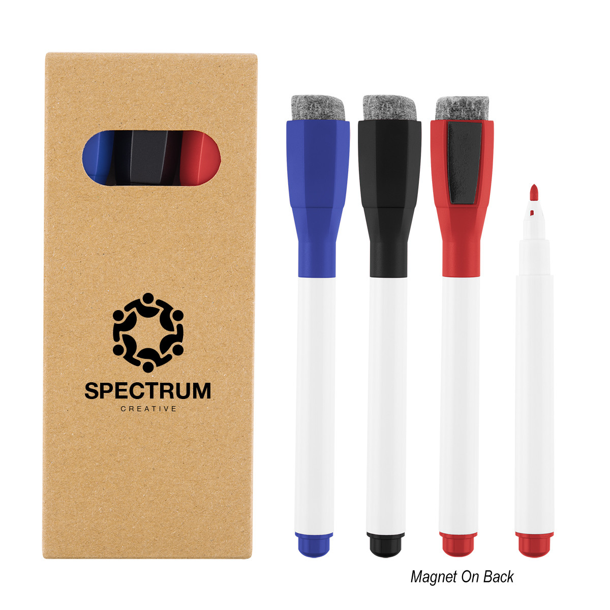 Natural 3 Piece Dry Erase Marker Set with fine-tip black, blue, and red markers, each featuring a felt eraser on the cap and a magnetic back for convenient storage on dry erase boards and other magnetic surfaces.