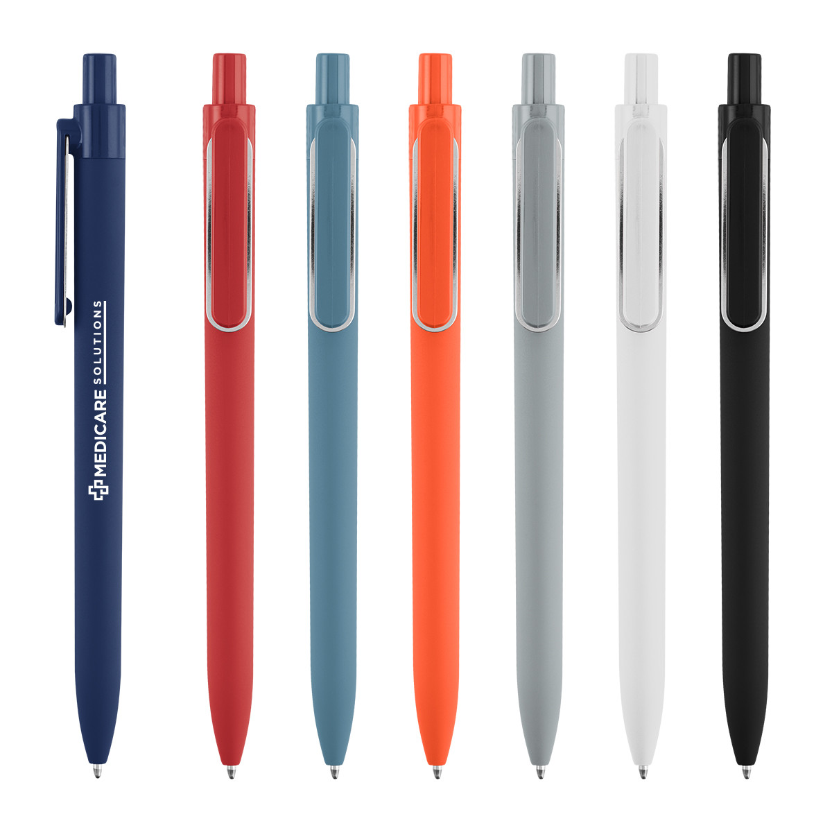 Teller rABS Pen with a smooth rubberized finish, blue medium-point ink, and plunger-action mechanism, made from recycled ABS plastic for comfortable everyday writing and custom promotional branding.