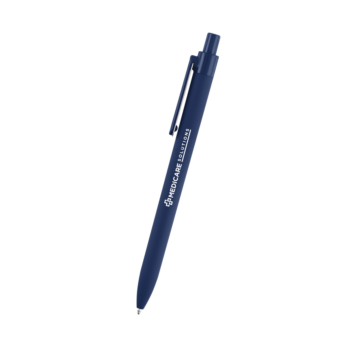 Navy Teller rABS Pen with a smooth rubberized finish, blue medium-point ink, and plunger-action mechanism, made from recycled ABS plastic for comfortable everyday writing and custom promotional branding.