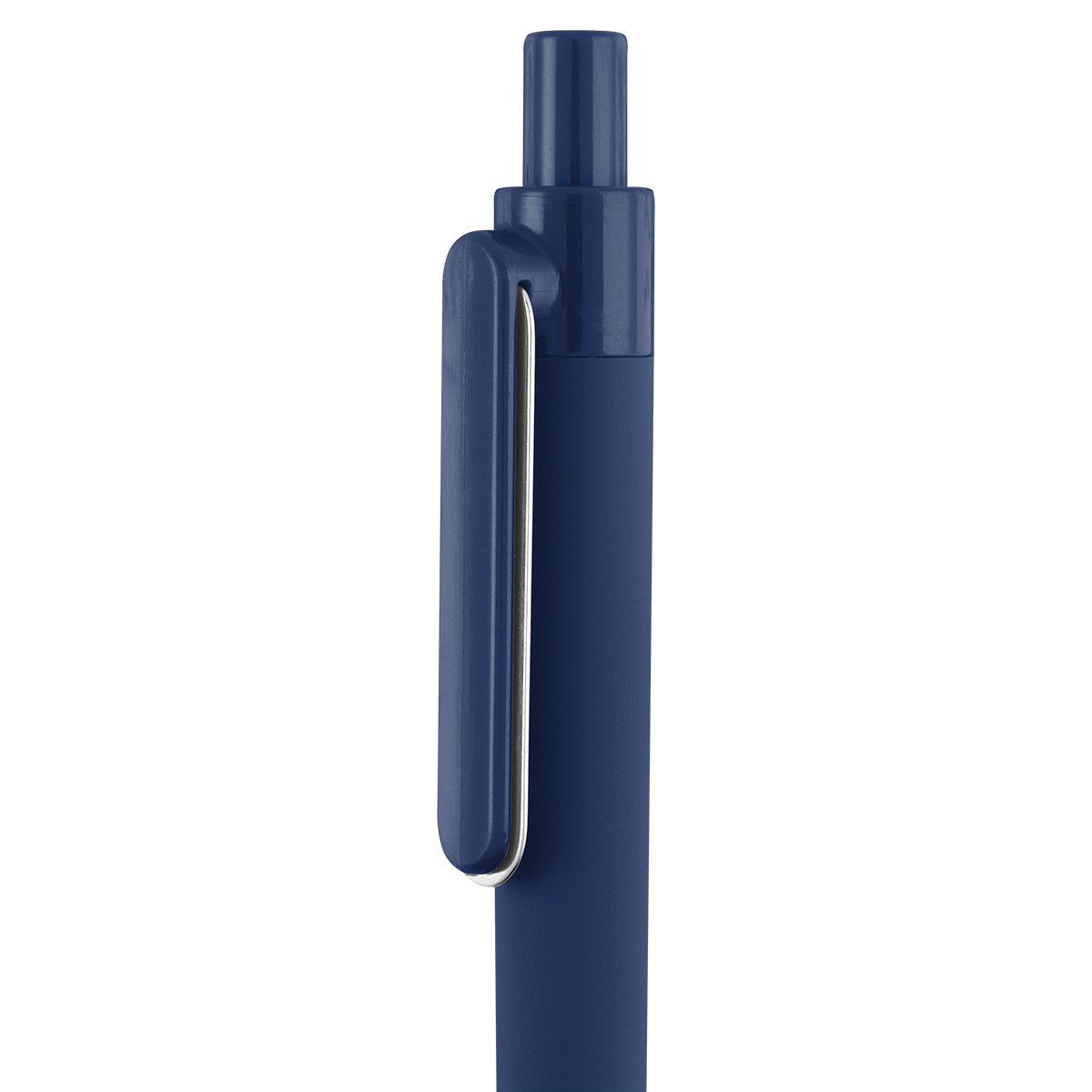 Navy Teller rABS Pen with a smooth rubberized finish, blue medium-point ink, and plunger-action mechanism, made from recycled ABS plastic for comfortable everyday writing and custom promotional branding.