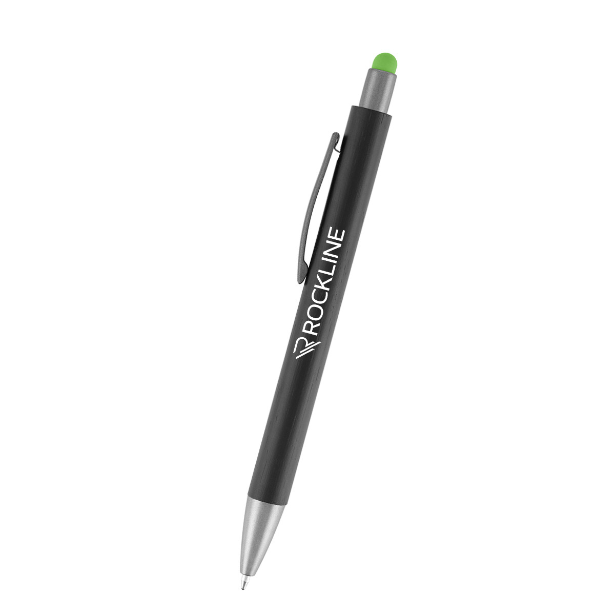 Black bamboo stylus pen with lime green accent, plunger action, FSC certified bamboo barrel, and built-in touchscreen stylus.