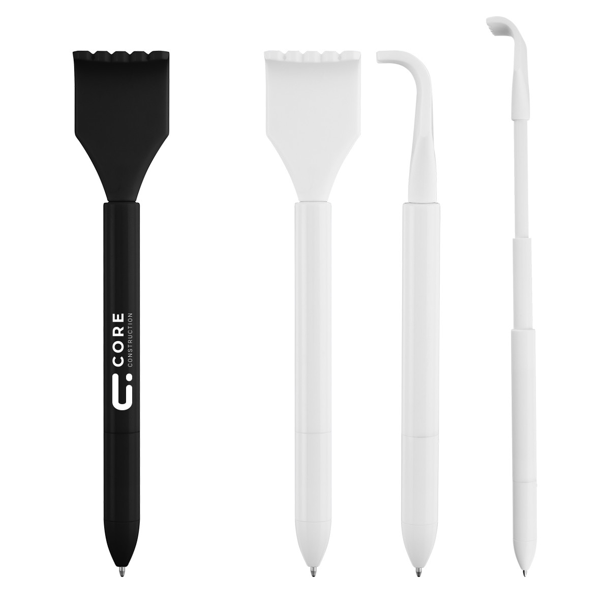 rABS Extendable Back Scratcher Pen in recycled ABS plastic, featuring a twist-action mechanism, medium-point black ink tip, and an extendable back-scratching tool for everyday writing and personal use.