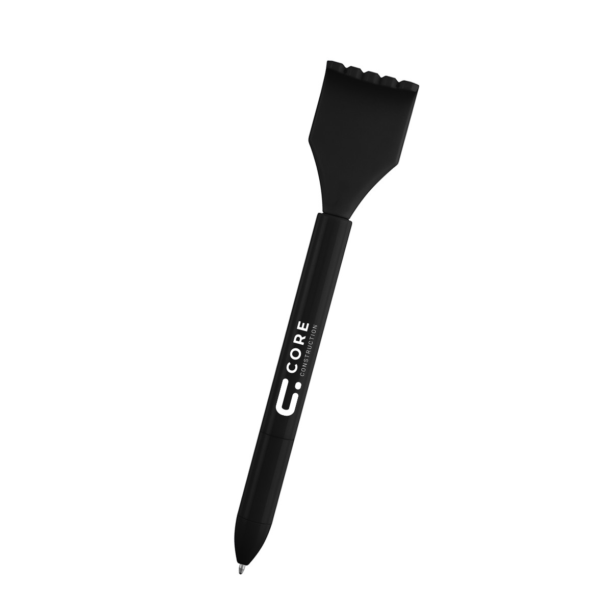 Black rABS Extendable Back Scratcher Pen in recycled ABS plastic, featuring a twist-action mechanism, medium-point black ink tip, and an extendable back-scratching tool for everyday writing and personal use.