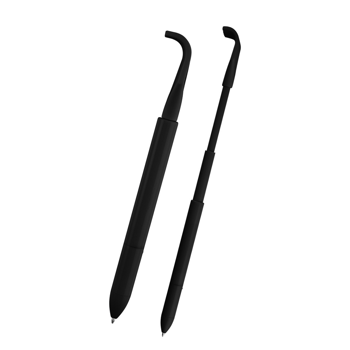 Black rABS Extendable Back Scratcher Pen in recycled ABS plastic, featuring a twist-action mechanism, medium-point black ink tip, and an extendable back-scratching tool for everyday writing and personal use.