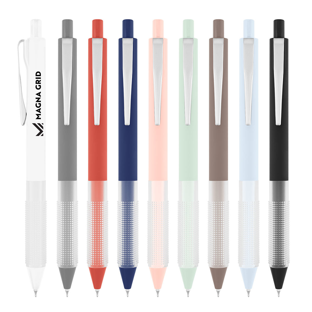 Winsley rABS Gel Pen, featuring a smooth rubberized finish, unique ergonomic grip, and plunger-action mechanism, made from recycled ABS plastic for comfortable, precise writing.
