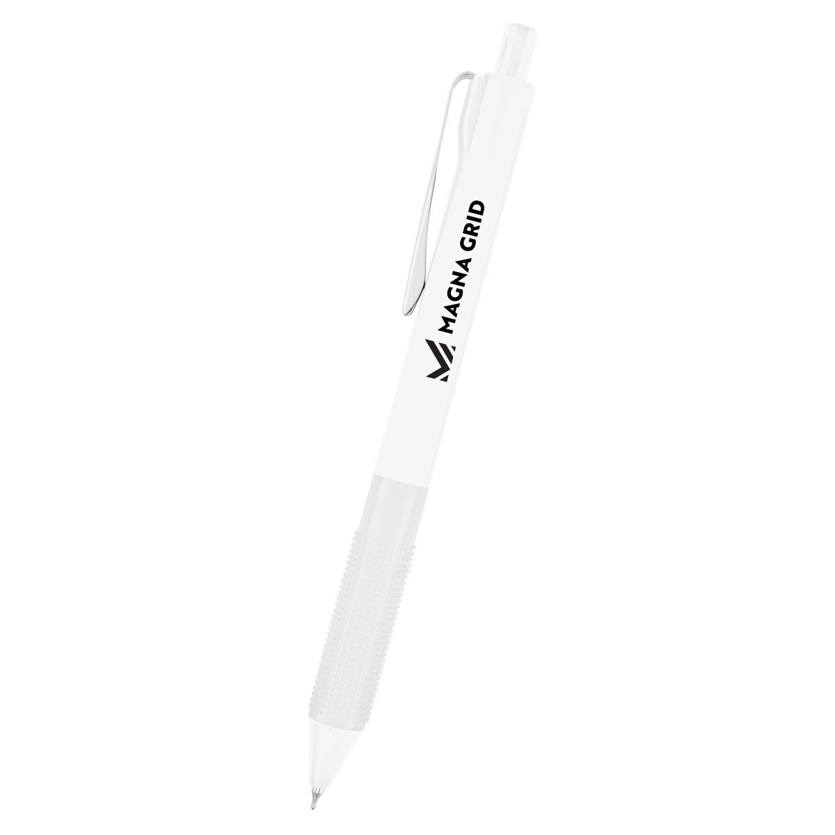 White Winsley rABS Gel Pen, featuring a smooth rubberized finish, unique ergonomic grip, and plunger-action mechanism, made from recycled ABS plastic for comfortable, precise writing.