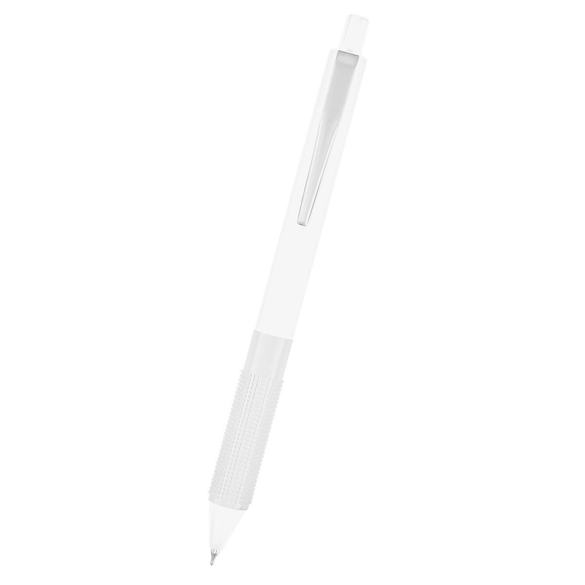 White Winsley rABS Gel Pen, featuring a smooth rubberized finish, unique ergonomic grip, and plunger-action mechanism, made from recycled ABS plastic for comfortable, precise writing.