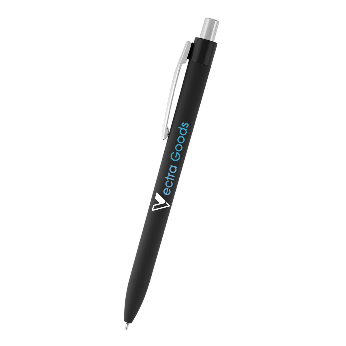 Black recycled ABS ballpoint pen with a smooth rubberized finish, plunger-action mechanism, and sleek low-viscosity ink design.