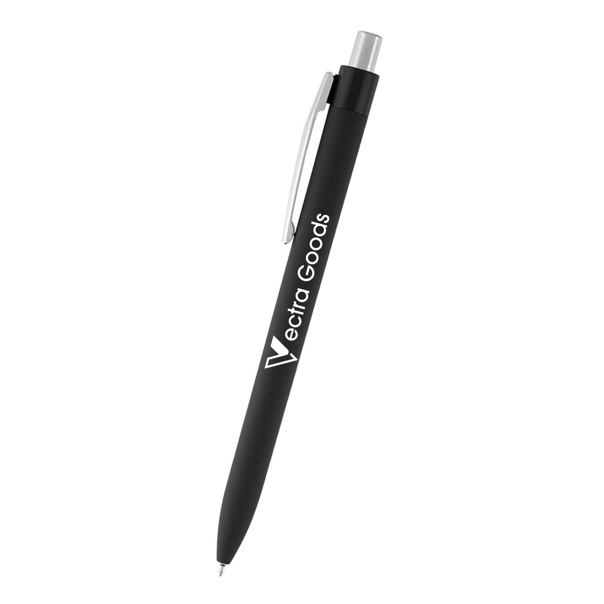 Black recycled ABS ballpoint pen with a smooth rubberized finish, plunger-action mechanism, and sleek low-viscosity ink design.