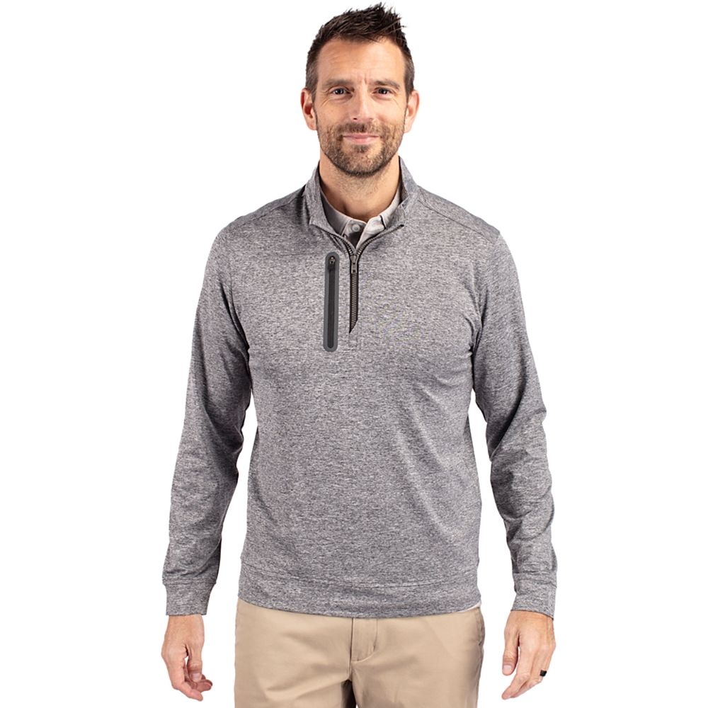 Elemental Gray Cutter & Buck® Men’s Stealth Heathered Quarter Zip Pullover in heathered jersey knit, featuring a quarter-zip front, zippered chest pocket, stretch fabric, and subtle logo details, designed for versatile layering during golf, office wear, workouts, and casual outings.