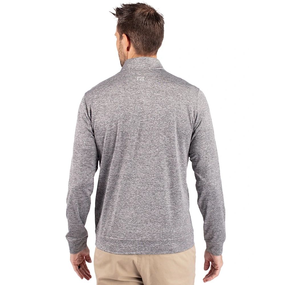 Elemental Gray Cutter & Buck® Men’s Stealth Heathered Quarter Zip Pullover in heathered jersey knit, featuring a quarter-zip front, zippered chest pocket, stretch fabric, and subtle logo details, designed for versatile layering during golf, office wear, workouts, and casual outings.