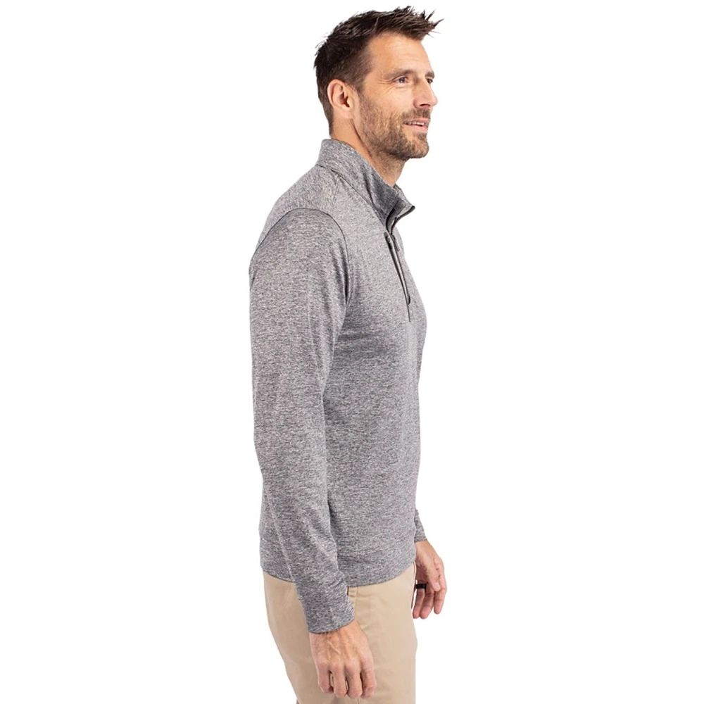 Elemental Gray Cutter & Buck® Men’s Stealth Heathered Quarter Zip Pullover in heathered jersey knit, featuring a quarter-zip front, zippered chest pocket, stretch fabric, and subtle logo details, designed for versatile layering during golf, office wear, workouts, and casual outings.