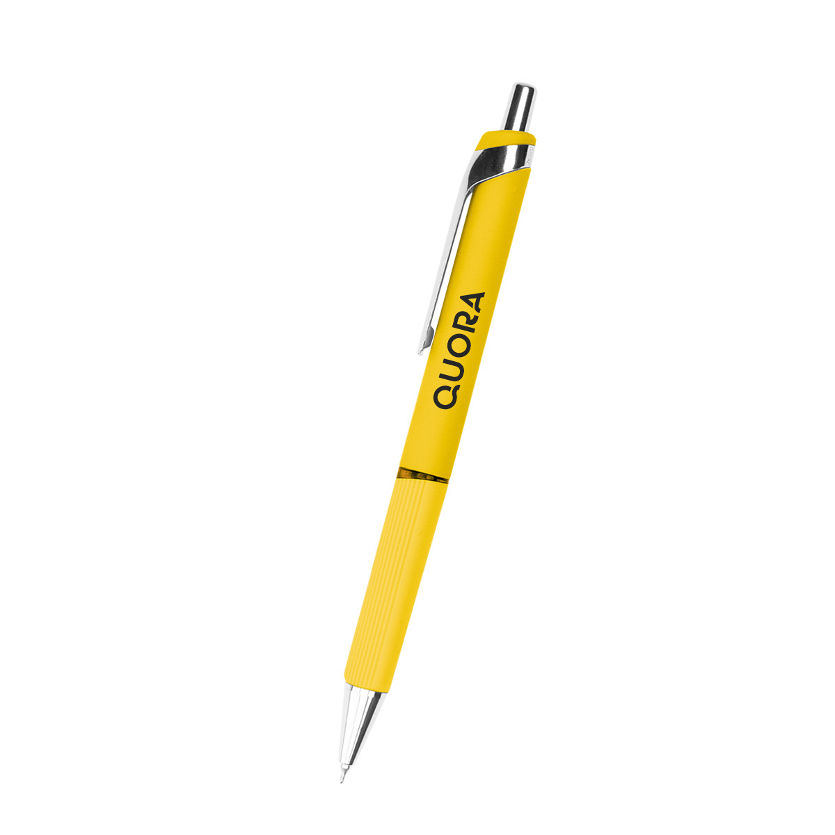 Yellow recycled ABS gel pen with a smooth rubberized finish, unique grip design, plunger-action mechanism, and fine-point black gel ink.