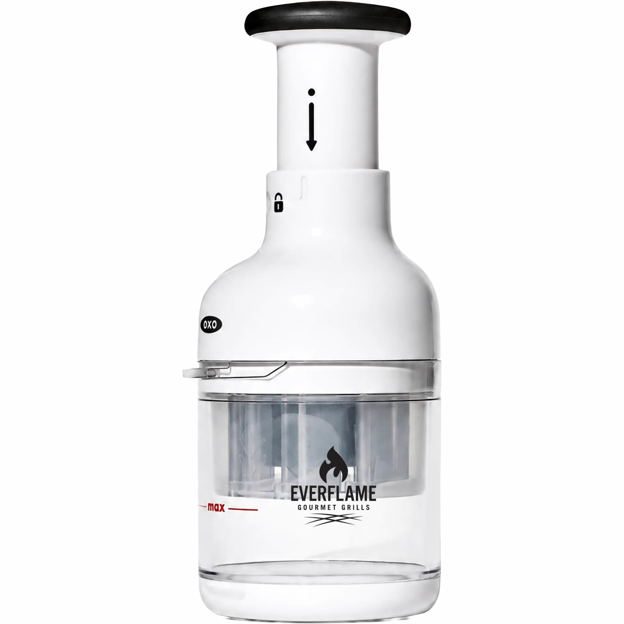 White OXO Good Grips Chopper, white plastic food chopper with a clear measurement-marked catcher cup and pump-action knob, featuring a rotating stainless steel blade for chopping vegetables, herbs, nuts, and other ingredients.