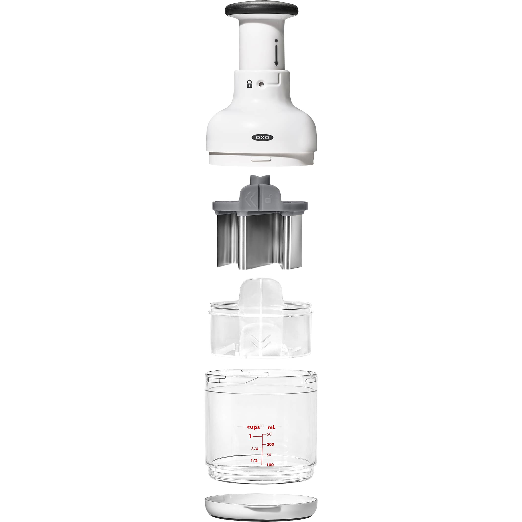 White OXO Good Grips Chopper, white plastic food chopper with a clear measurement-marked catcher cup and pump-action knob, featuring a rotating stainless steel blade for chopping vegetables, herbs, nuts, and other ingredients.