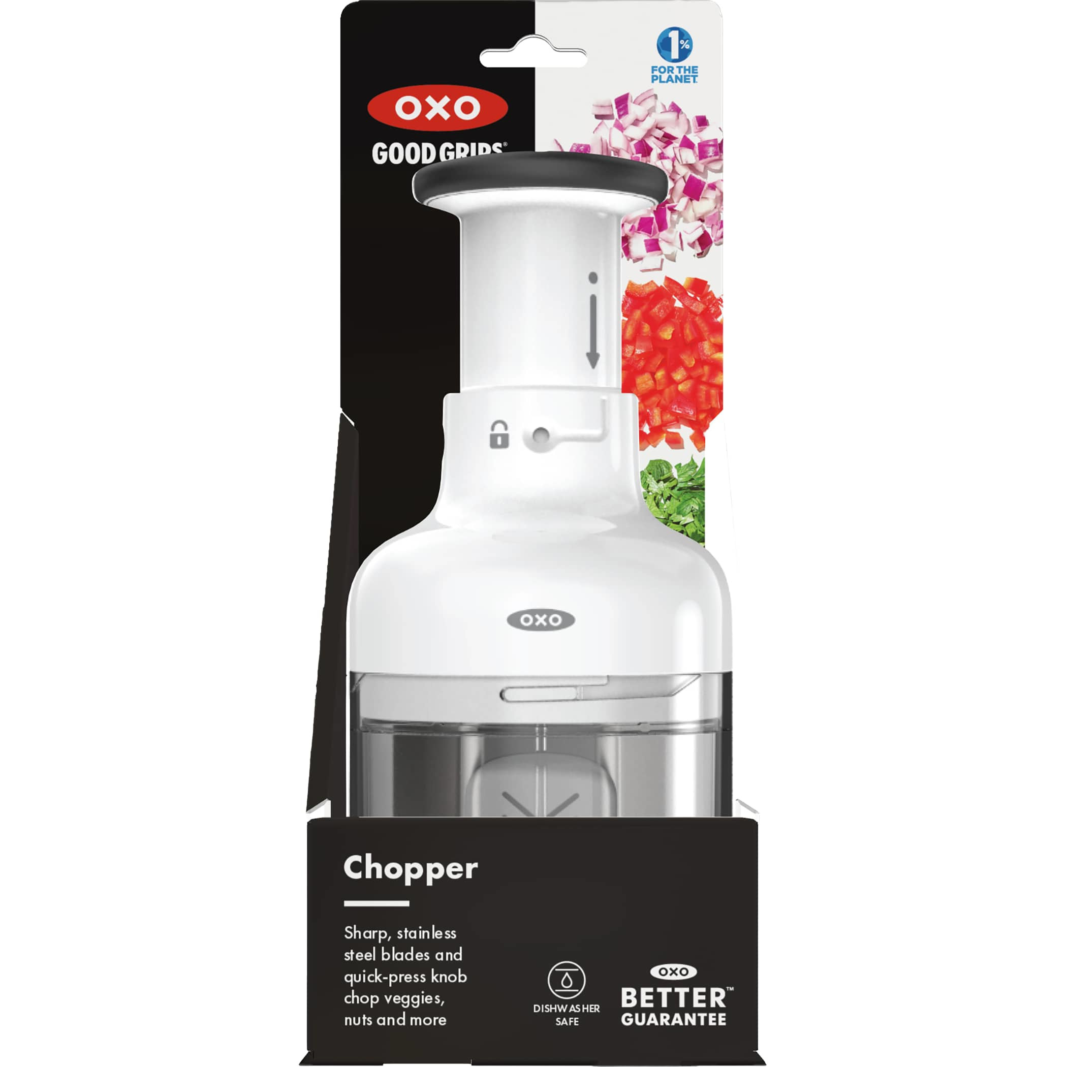 White OXO Good Grips Chopper, white plastic food chopper with a clear measurement-marked catcher cup and pump-action knob, featuring a rotating stainless steel blade for chopping vegetables, herbs, nuts, and other ingredients.