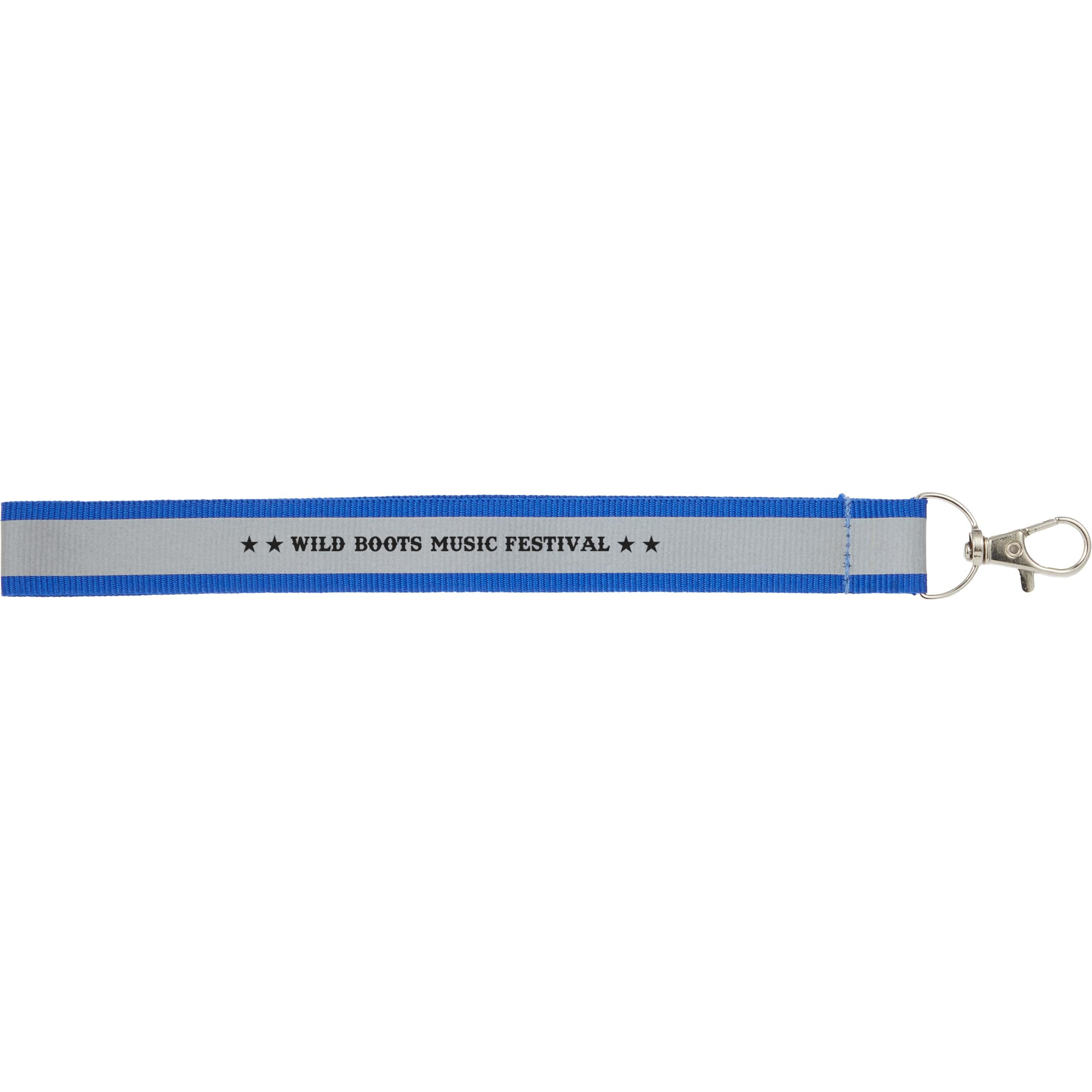 Blue Reflective Recycled Wrist Lanyard made from 100% recycled polyester, featuring a reflective stripe and durable metal lobster clip for carrying keys, ID badges, and small accessories during commutes, walks, runs, and outdoor activities.