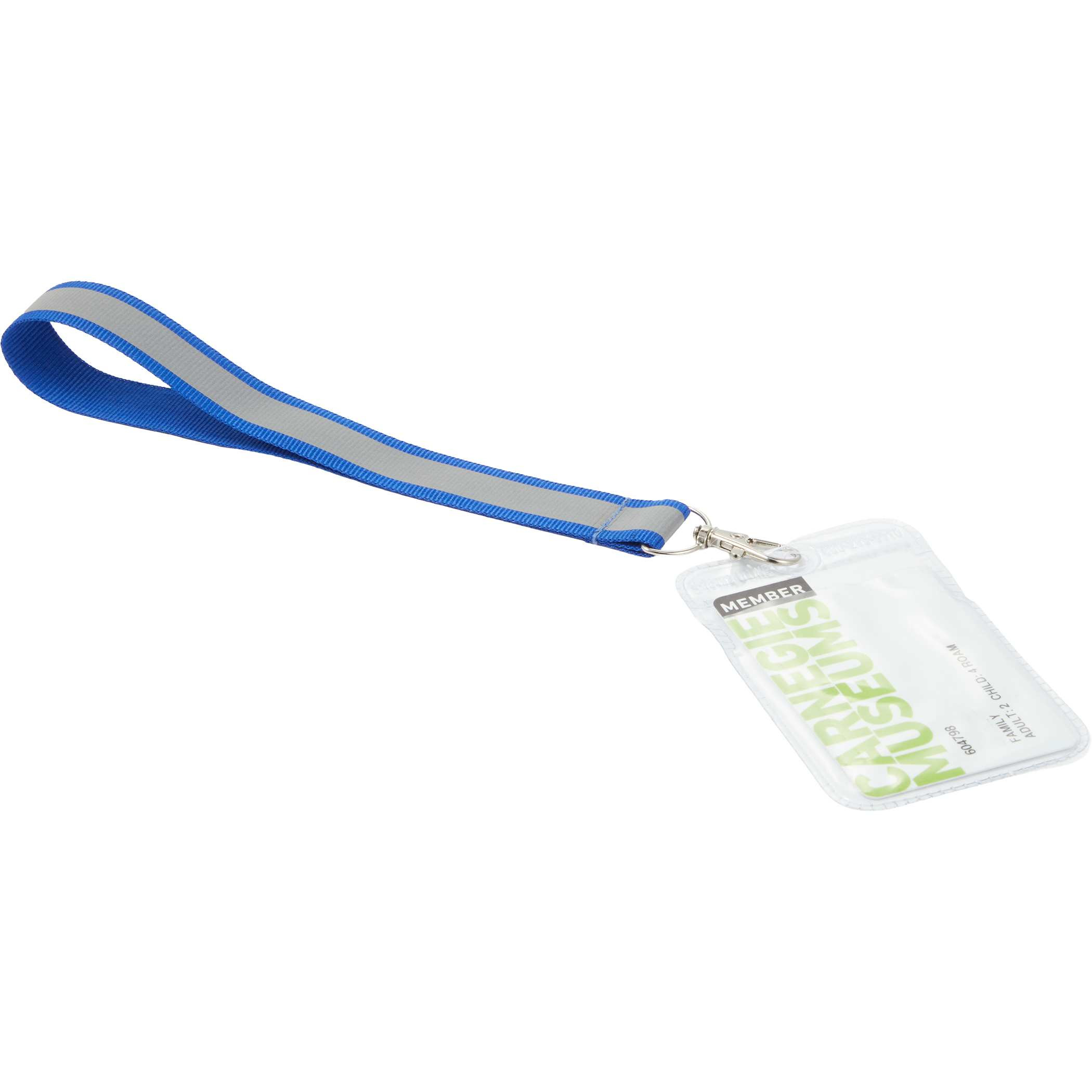 Blue Reflective Recycled Wrist Lanyard made from 100% recycled polyester, featuring a reflective stripe and durable metal lobster clip for carrying keys, ID badges, and small accessories during commutes, walks, runs, and outdoor activities.