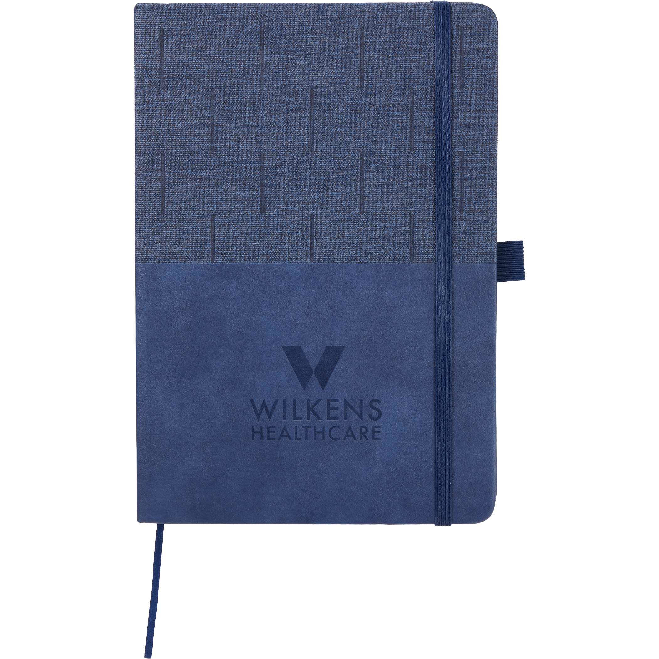 Navy 5.5" x 8.5" FSC® Recycled Chesapeake Journal with a recycled polyurethane and post-consumer polyester cover, elastic closure, integrated pen loop, and interior document pocket for organized notes, journaling, meetings, and everyday writing.