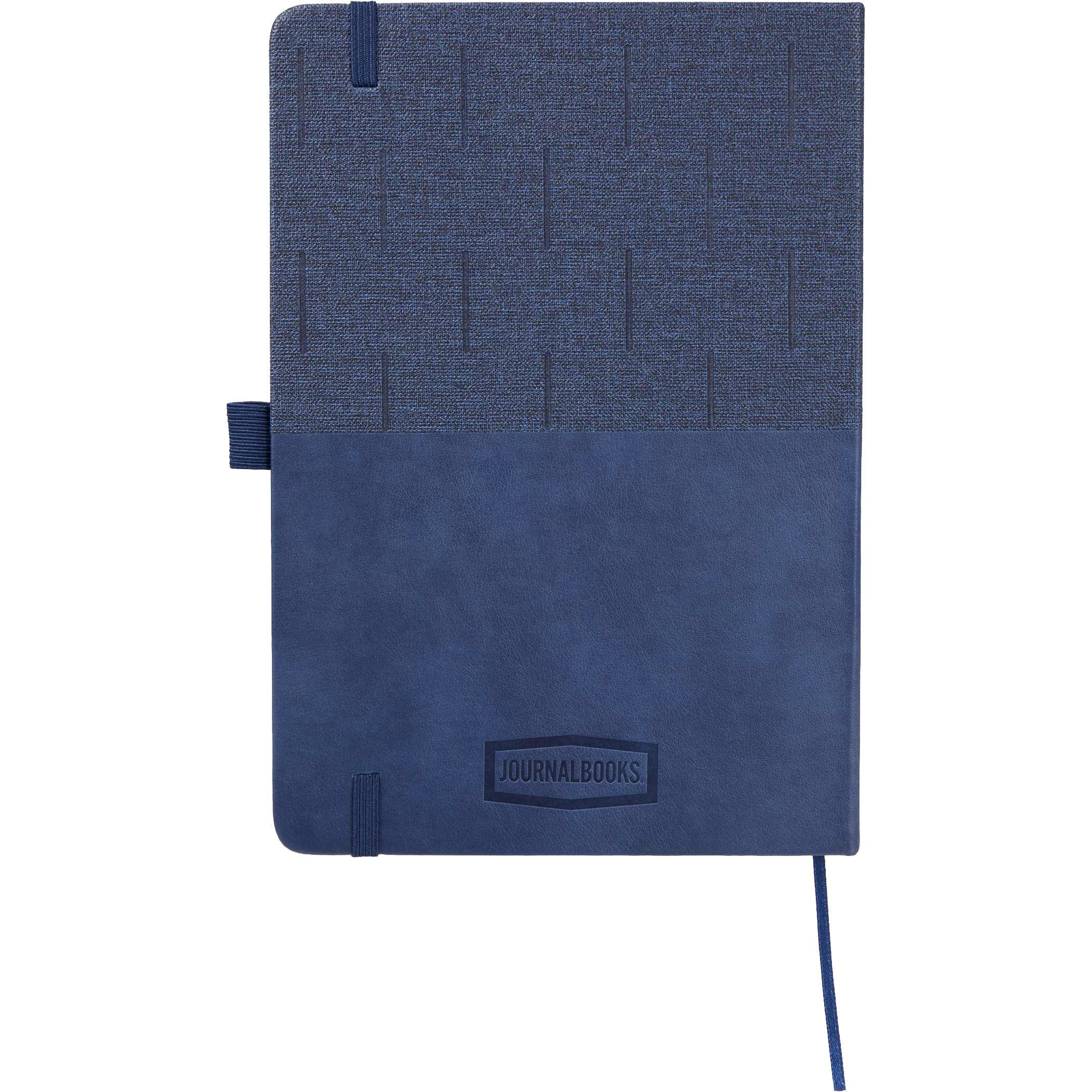 Navy 5.5" x 8.5" FSC® Recycled Chesapeake Journal with a recycled polyurethane and post-consumer polyester cover, elastic closure, integrated pen loop, and interior document pocket for organized notes, journaling, meetings, and everyday writing.