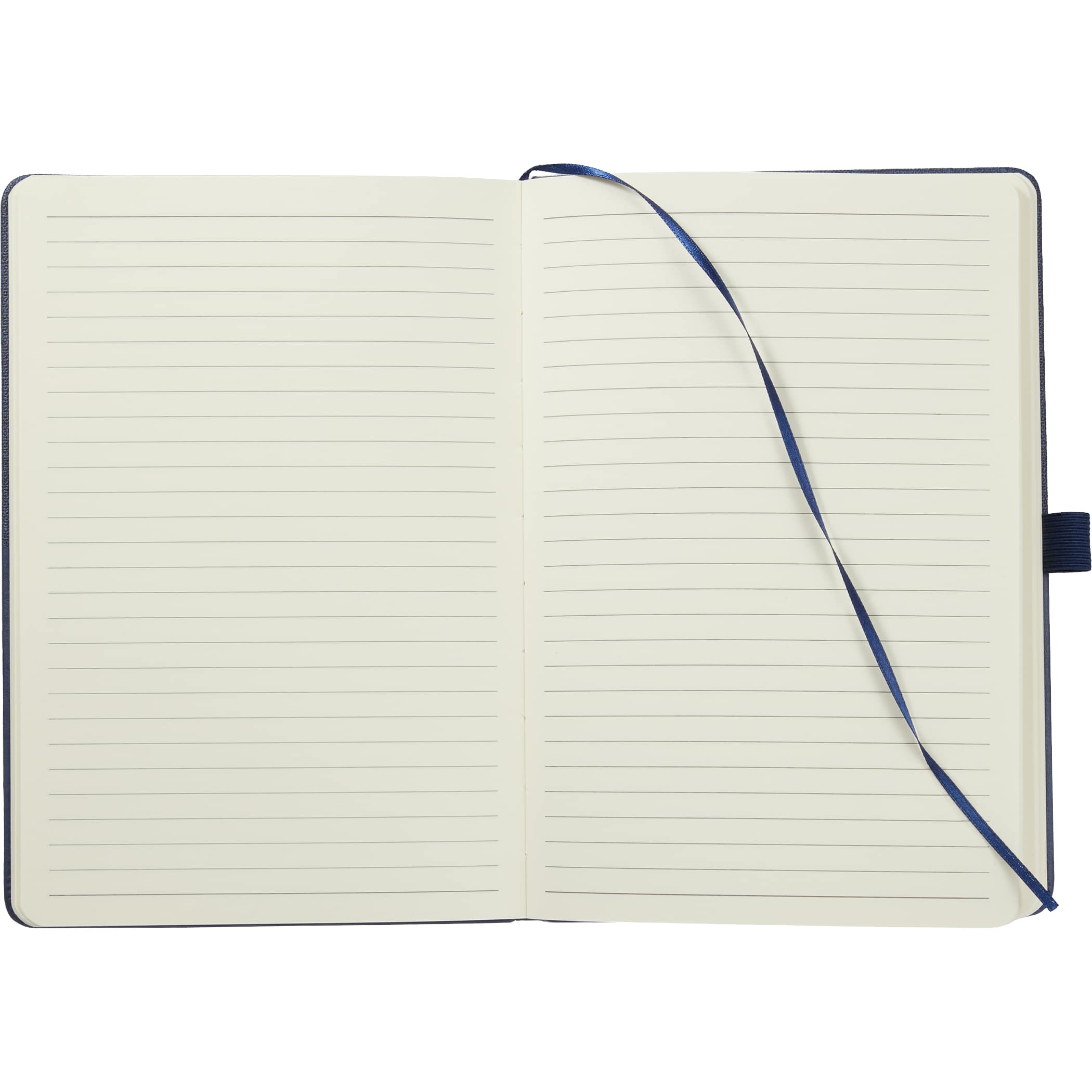 Navy 5.5" x 8.5" FSC® Recycled Chesapeake Journal with a recycled polyurethane and post-consumer polyester cover, elastic closure, integrated pen loop, and interior document pocket for organized notes, journaling, meetings, and everyday writing.