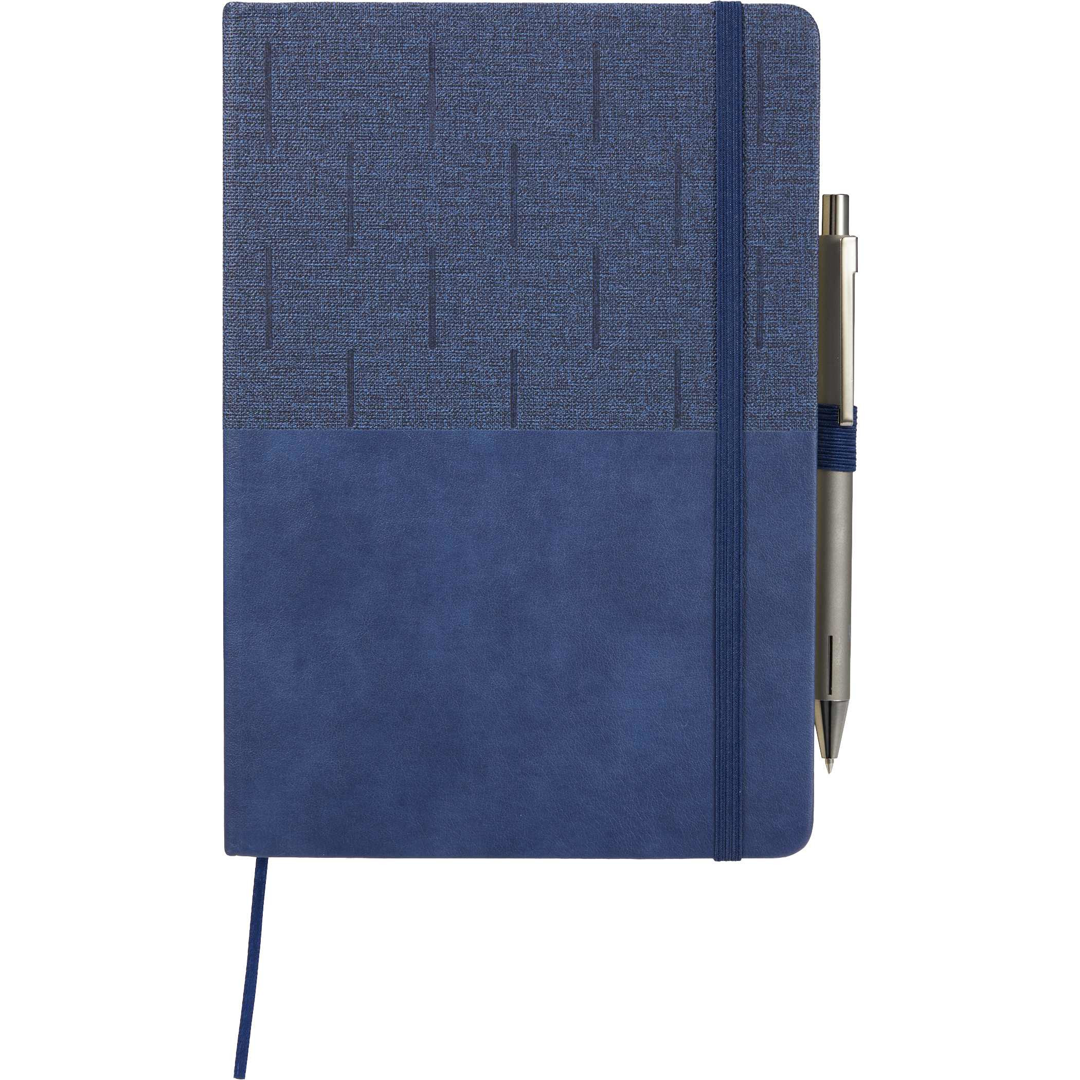 Navy 5.5" x 8.5" FSC® Recycled Chesapeake Journal with a recycled polyurethane and post-consumer polyester cover, elastic closure, integrated pen loop, and interior document pocket for organized notes, journaling, meetings, and everyday writing.