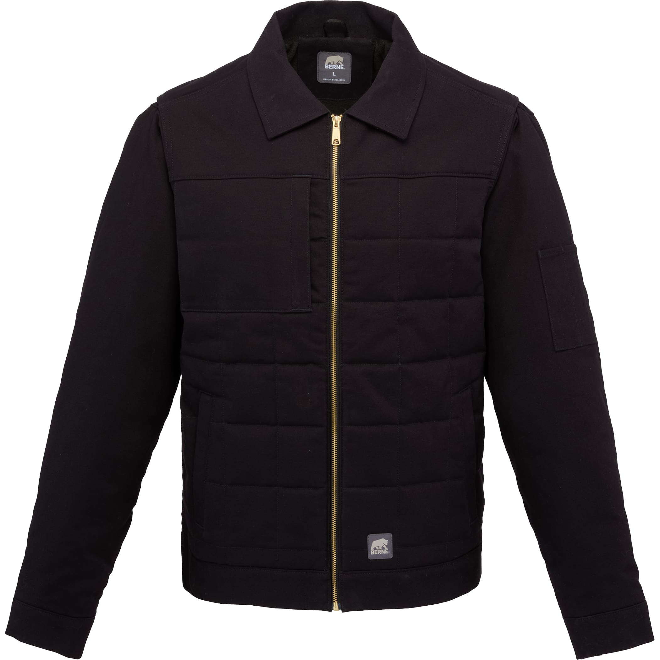 Black Berne Men's Quilted Gasoline Jacket in a durable heavyweight stretch duck shell, featuring geometric quilting, insulated fleece and taffeta lining, zippered chest pocket, fleece-lined hand pockets, and a structured design for warm, comfortable outdoor work.